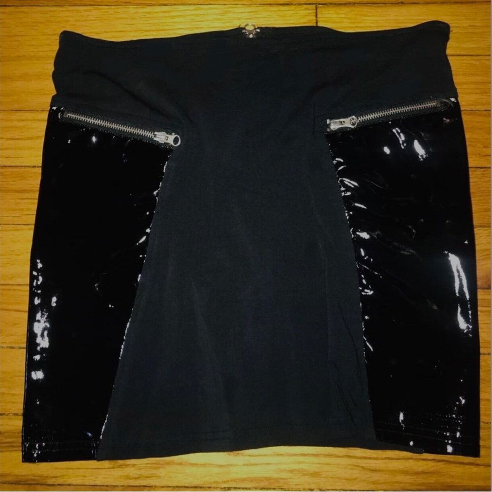 Evil Twin Black Vegan Patent Leather Zipper Panel Stretchy Goth Urban Mini Skirt